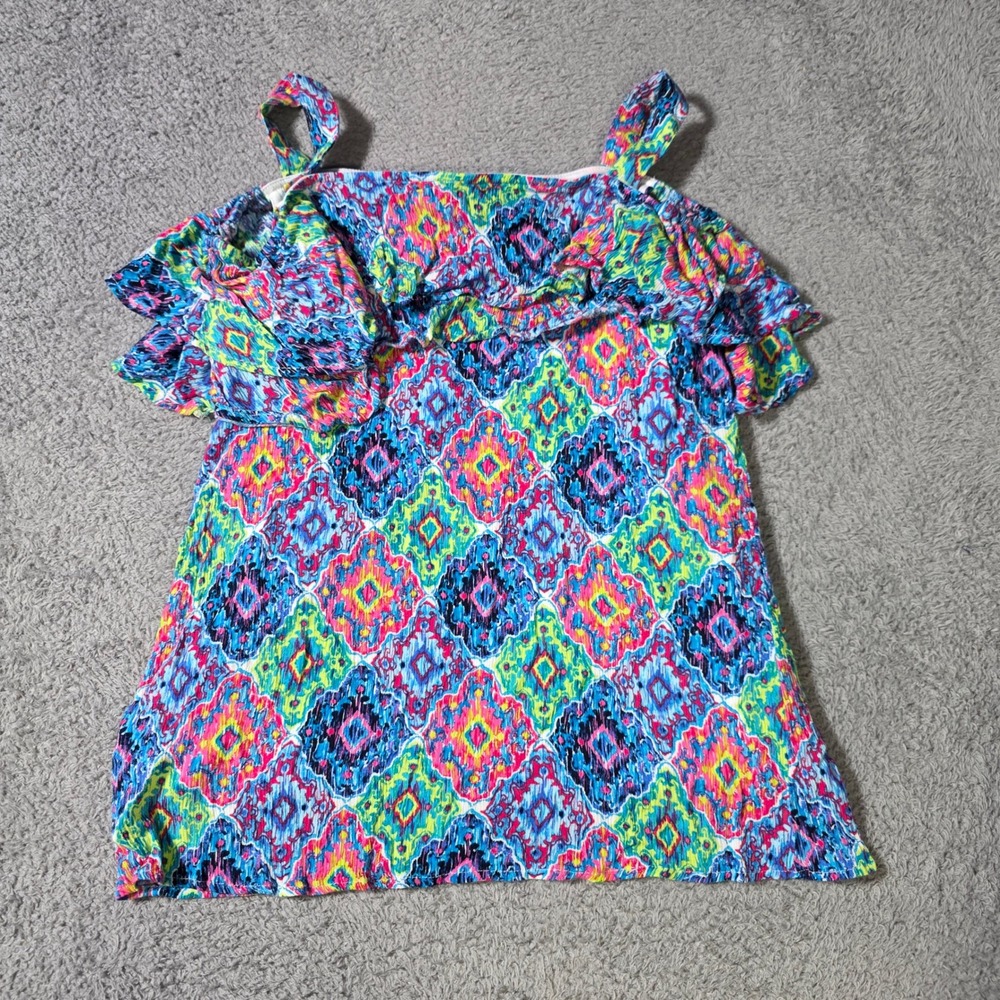 Hailey Lyn Womens Small Tank Top Multicolor Geometric Ikat Ruffle Boho Lined